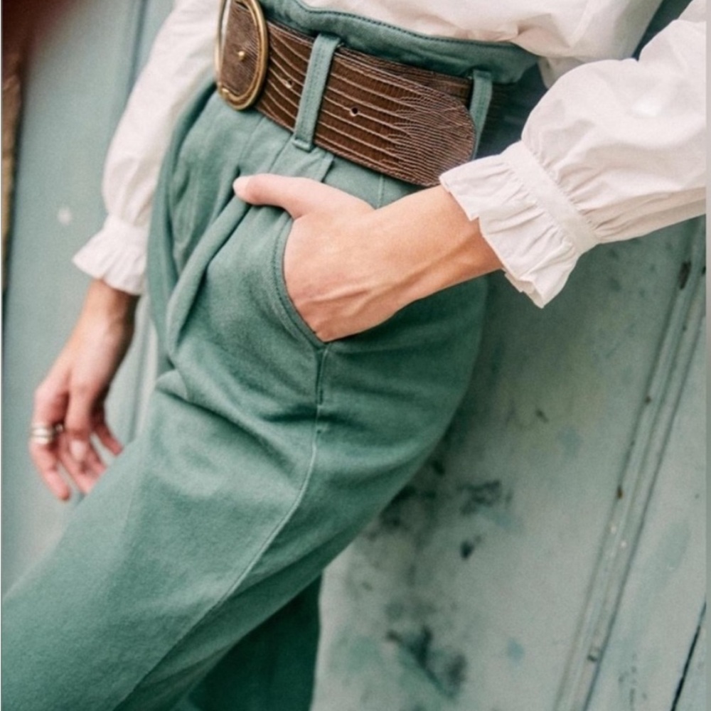 Sezane Austin High Waisted Paper Bag Jeans  in Green Sz 38